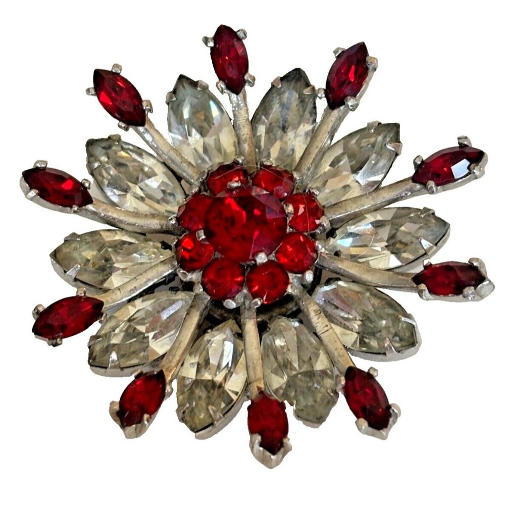 Kramer of New York Pin Brooch Vintage Jewelry Red Rhinestones Sparkles 2 inch